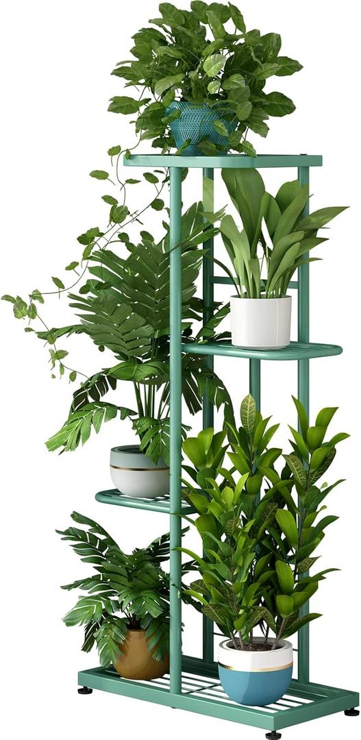 LINZINAR Metal 4 Tier 5 Potted Indoor Outdoor Plant Stand Shelf Planter Display for Patio Garden Corner Balcony Living Room (Light Green)