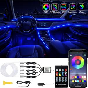 Jushope Interior Car LED Strip Lights with Wireless APP and Remote Control, RGB 5 in 1 Ambient Lighting Kits with 236 inches Fiber Optic, 16 Million Colors Car Neon Lights, Sync to Music