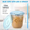 Ziliny 50 Sets Clear Round Bottom Plastic Cups with Lids and Straws, Cute Disposable Drinking Coffee Cups, for Christmas Valentine's Galentine's Day Party Wedding Birthday Supplies (12oz,Blue)