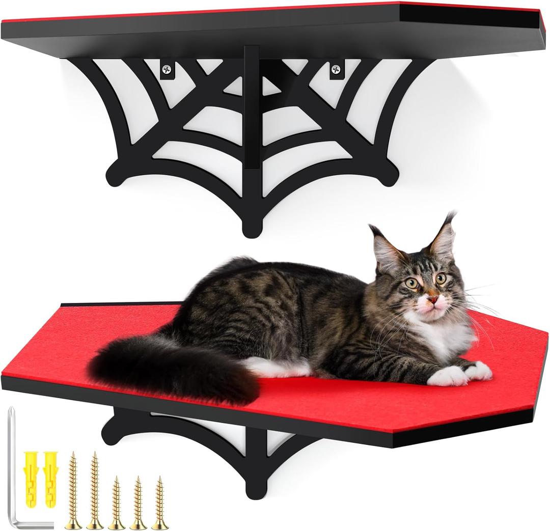 Gemscream Gothic Wall Mounted Halloween Shelf Coffin Spider Web Style Cat Tree Wall Load Bearing up to 30 Lbs/ 14 kg Black Cat for Indoor