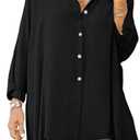 Aoysky Womens Oversized T Shirts Button Down Long Sleeve Shirt V Neck Collar Loose Flowy Blouse (Large, Black)