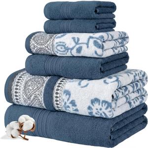 Modern Threads Floral Trail 6-Piece 100% Cotton Towel Set Reversible Yarn Dyed Jacquard - Includes 2 Bath Towels, 2 Hand Towels, 2 Washcloths Absorbent, Quick Dry, Soft & Durable Navy