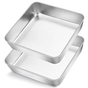 Herogo 8"x 8" Square Cake Pan, Stainless Steel Square Baking Pan, Cakes Brownie Lasagna Bakeware Set of 2, Healthy & Dishwasher Safe