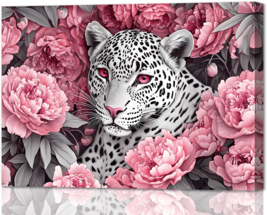 YMXDYMJSW Leopard Canvas Wall Art Leopard and Peony Pictures Prints Black and White Cheetah Poster Wild Animal Paintings for Office Bedroom Decor Framed (Pink,12L x 18W)