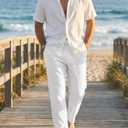 JMIERR Mens 100% Cotton Pants Casual Elastic Waist Drawstring Lightweight Summer Beach Trousers with Pockets (White, L)
