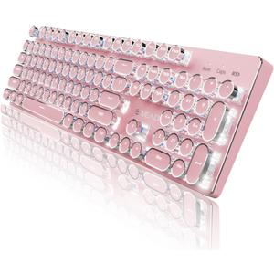 EWEADN TK950 Wireless Typewriter Mechanical Keyboard, Rechargeable Gaming Keyboard with White Backlit, 104 Retro Round Keys, Blue Switches, Bluetooth/2.4G/Wired Keyboard for Windows/Mac/PC-Pink