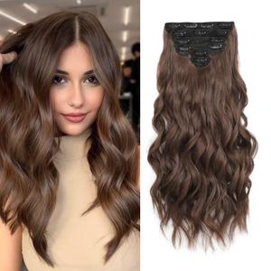 Clip in Hair Extensions, 6 PCS Light Brown Extensions, Wavy Hair Extensions, Natural & Soft Hair & Blends Well, Chocolate Brown Long Wavy Hairpieces(20inch, 6pcs, Chocolate Brown)
