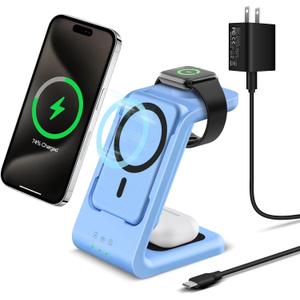 3 in 1 Wireless Charging Station: 5000mAh Removable Power Bank Charger Stand for Phone/Watch/Air Pods - Portable Magnetic Battery Pack for Air 17 16 15 14 13 12 Series Blue