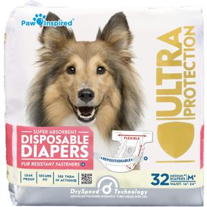 Paw Inspired 32ct Disposable Dog Diapers | Female Dog Diapers Ultra Protection | Diapers for Dogs in Heat, Excitable Urination, or Incontinence (Medium Plus) (Medium+ (32 Count))