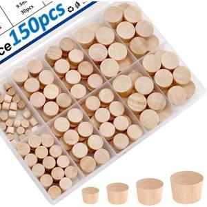 smseace 150Pcs 4-Sizes Wood Plugs 3/16" 5/16"3/8"1/2" Wooden Hole Plugs for Holes in Furniture/Table and Chair Legs/Cabinet Reserved Holes/Outdoor Equipment Wood Plugs Assortment Kit