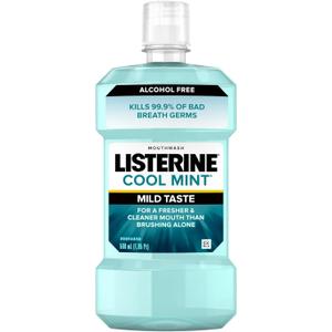 Listerine Cool Mint Alcohol-Free Mild Mouthwash, Oral Rinse Kills 99.9% of Germs That Cause Bad Breath, Less Intense Taste, Mild Mint Flavor, 1 L, Pack Of One