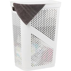 Mind Reader Slim Laundry Hamper with Lid, 60L Clothes Basket, Ventilated Plastic, White (Single)