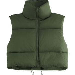 Century Star Cropped Puffer Vest Women's Outerwear Vests Puffy Sleeveless 2024 Quilted Christmas Vest Tops Jackets Coat Zip (Medium, Olive Green)