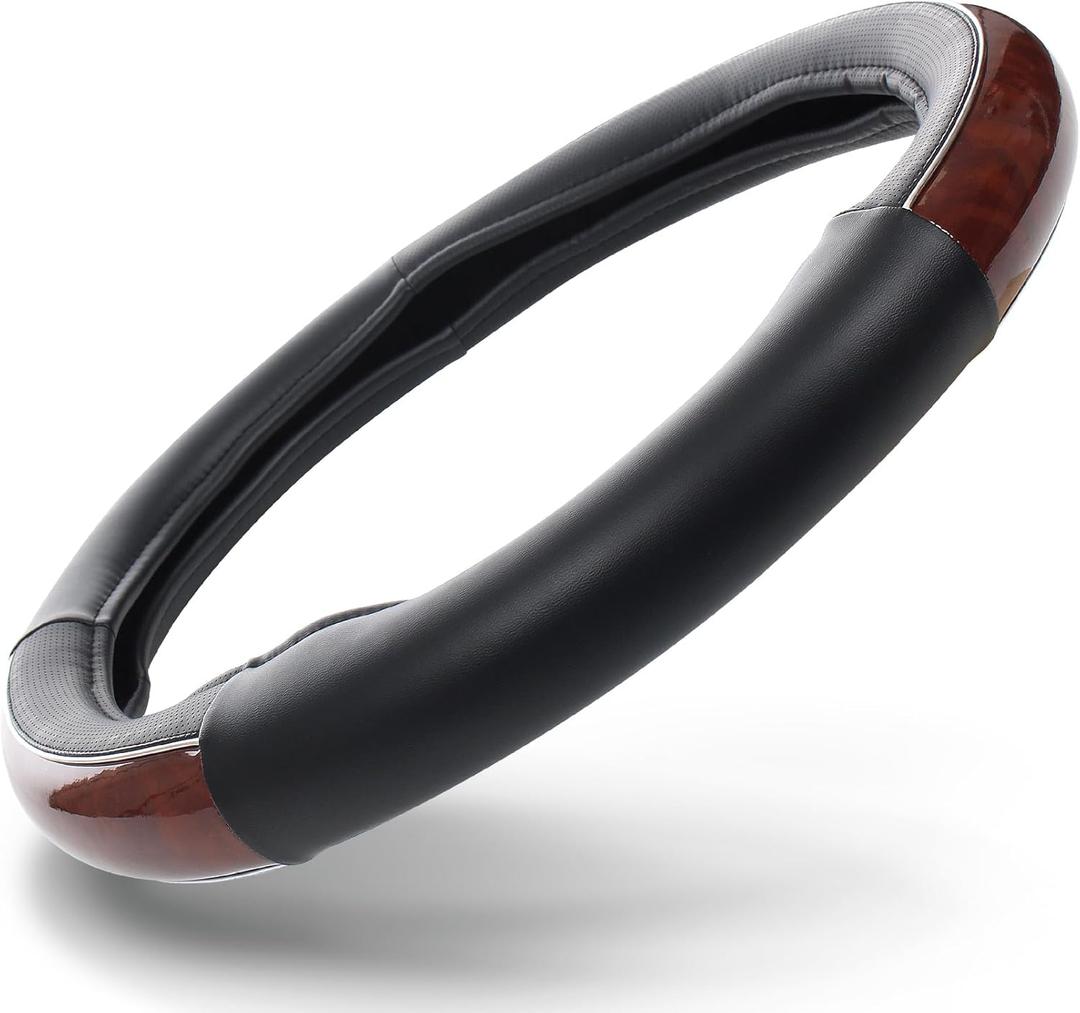 HD Driven SWC Premium Woodgrain Leather Steering Wheel Cover  18 Diameter for Semi-Trucks, Ribbed Rubber Core & High-Performance Leather, Vehicle Accessories