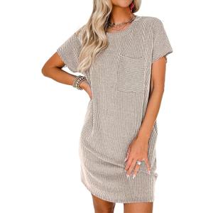 Acelitt Womens Casual Summer Crewneck Short Sleeve Ribbed Mini Tshirt Dress, XS-3XL (Small, 5 Beige)