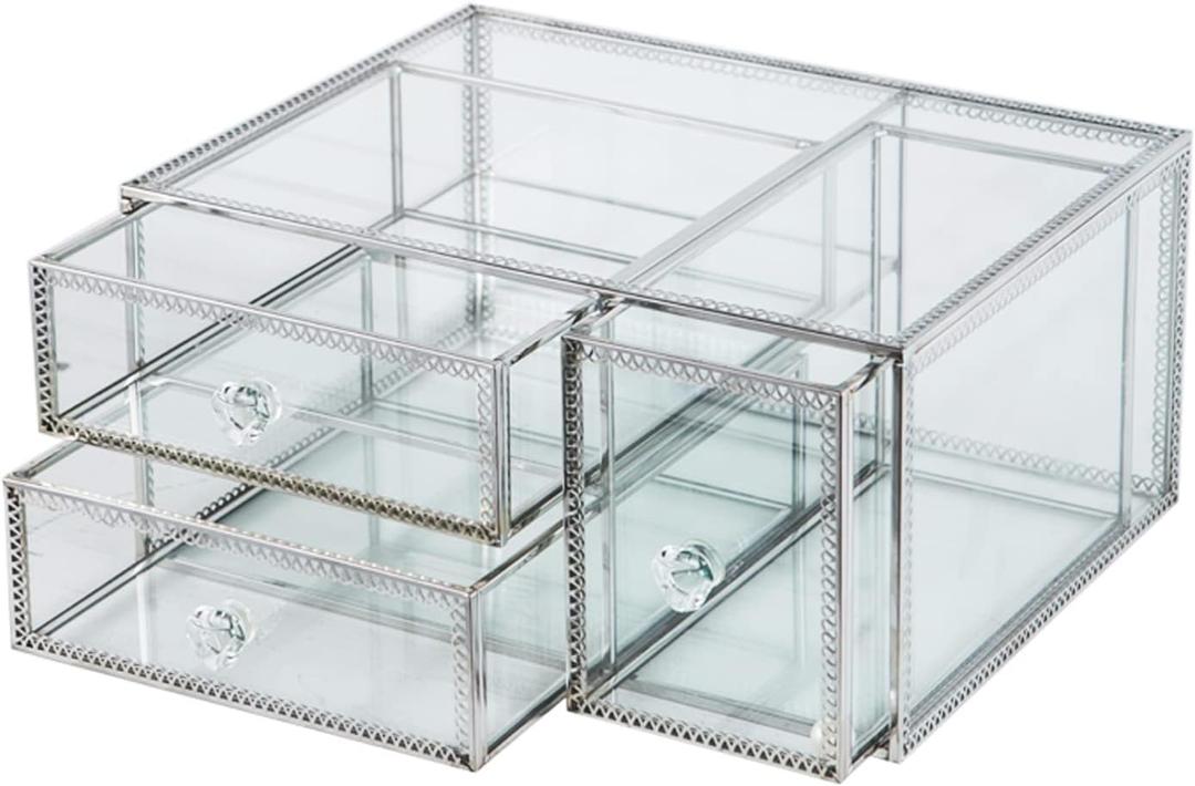 Vellon Vintage Glass Jewelry Box with Drawers, Makeup Desktop Organizer Drawer, Cosmetic Storage, Glass Box for Bracelet/Necklace/Ring/Cosmetic, Keepsake Box, Silver Stainless Steel Frame