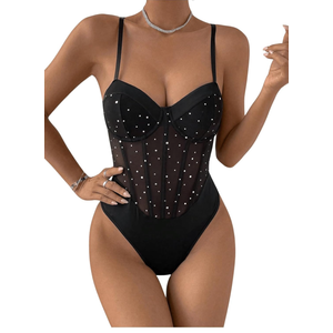 SweatyRocks Women's Corset Bodysuit Mesh Sheer Sleeveless Cami Jumpsuit Shirts Tops S