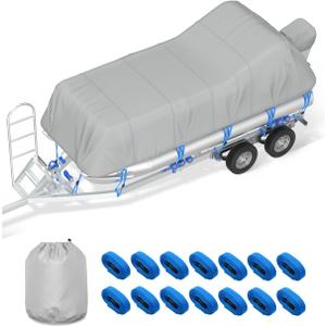 OCEANBROAD 1200D Pontoon Boat Cover Heavy-Duty Waterproof Anti-UV Windproof Marine Grade Oxford with Storage Bag, 19-21ft, Beam Width Up to 8ft, Gray
