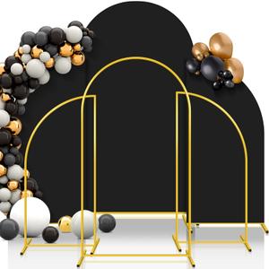 JaGely 3 Sets Wedding Metal Arch Backdrop Stands with Covers 7.2 ft/5 ft Frame Arched Backdrop Polyester Fitted for Party Ceremony Decor(Black)