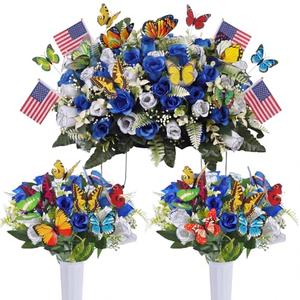 Zeyune 25 Pcs Memorial Day Artificial Cemetery Flowers for Rose Graves Headstone Saddle Flowers with Vases Butterflies and Flags for Outdoor Grave Tombstone Decorations (Blue)