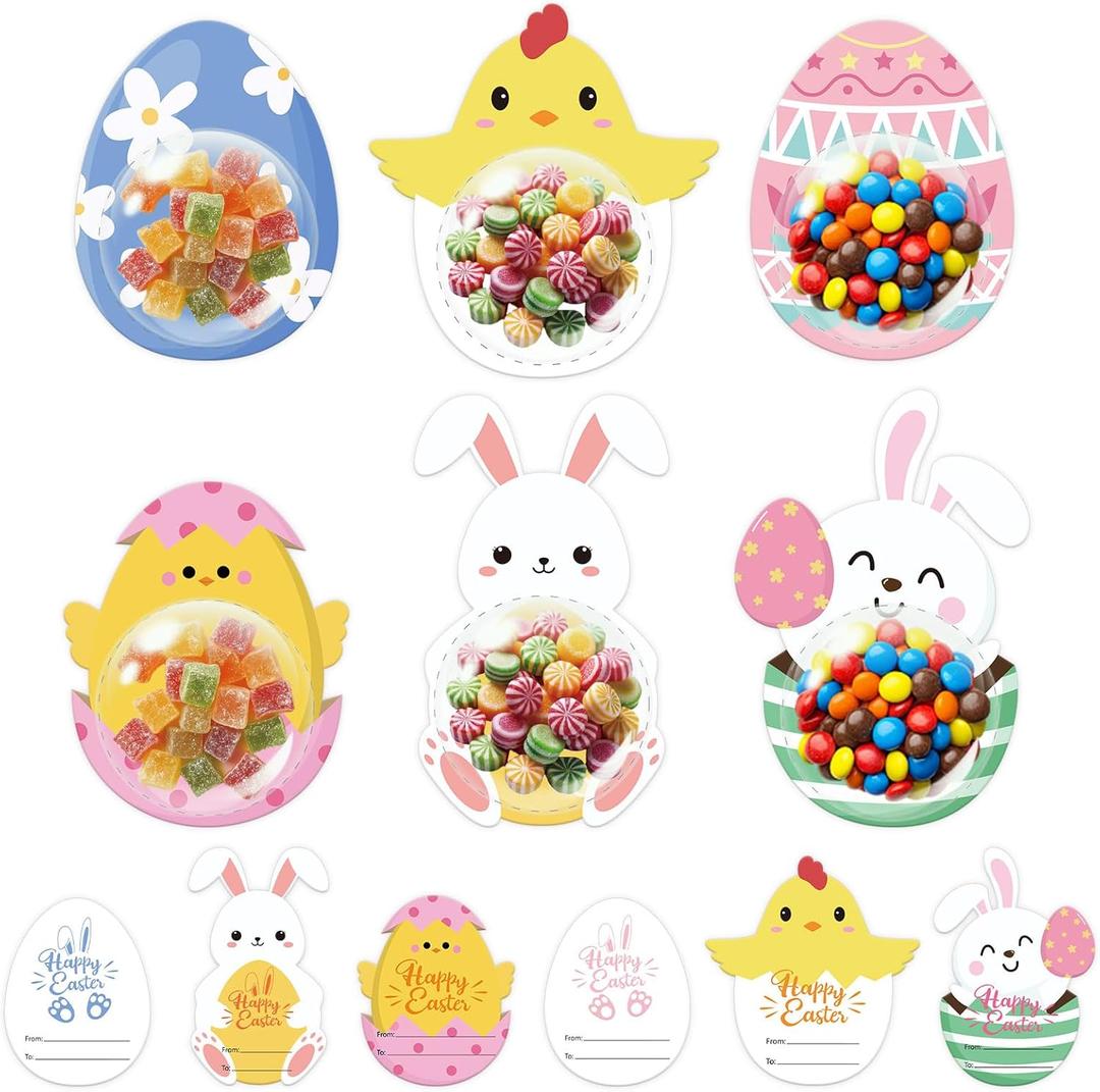 24 Pack Easter Cards for Kids, Easter Candy Holders with Plastic Domes, Cute Bunny Eggs Chick Gift Cards for Classroom Gifts Exchange Home Office Party Treats Favors