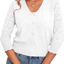 LIENRIDY Women's 3/4 Sleeve Shrug Cardigan for Dresses | Elegant 3/4 Hollow Out Sleeve Design • Button Front V Neck Style • Perfect Layering Piece • Cropped Length (White)