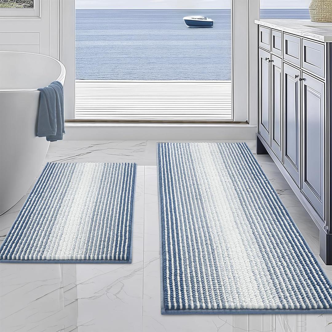 BSICPRO Bathroom Rugs and Mats Sets, 2 Piece Thick Absorbent Chenille Non Slip, Soft Shaggy Floor Mats, Machine Washable (Fog Blue, 20" x 47" Plus 16" x 24")