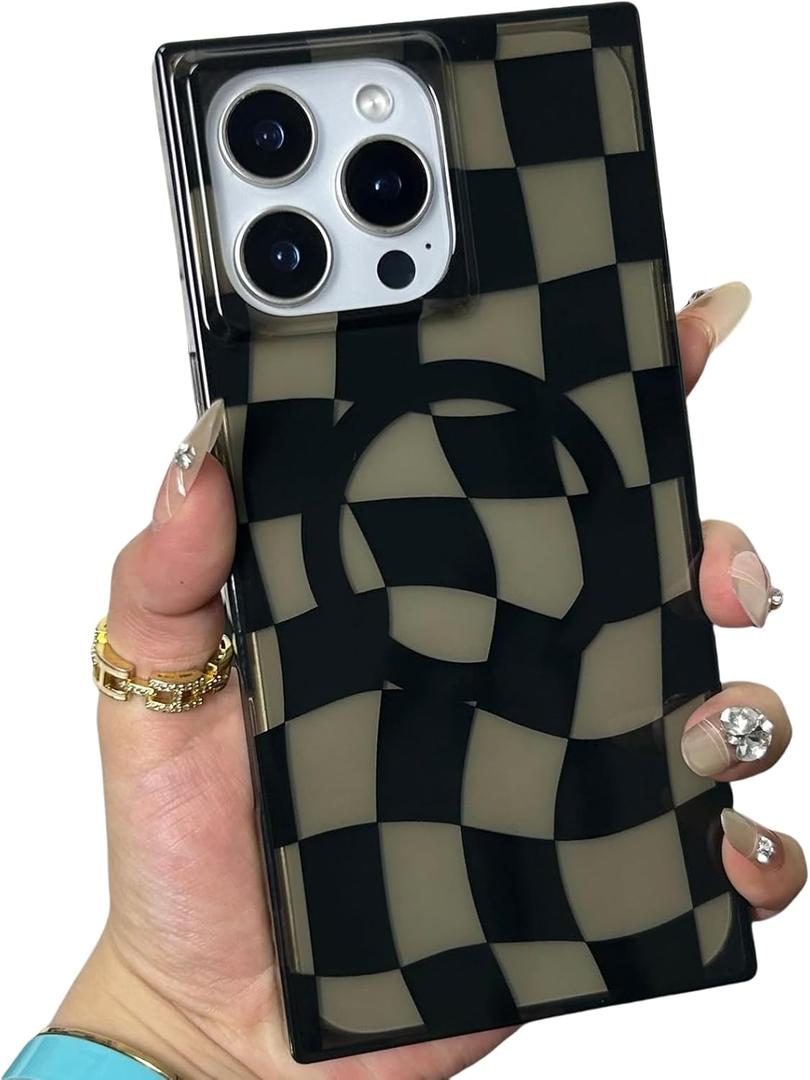 Checkered Magnetic Case for iPhone 16 Pro Max Compatible with Magsafe - Aesthetic Rectangular Checker Checkerboard Twist Pattern - Clear Shockproof Protective Phone Cover, Black