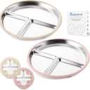 Bakpoco Stainless Steel Baby Plate with Suction, 9 Divided Toddler Plates with Removable Silicone Sleeves for Kids, Non-Toxic Non-Slip Unbreakable Dishwasher Safe Dinnerware Set of 2, Pink & Beige