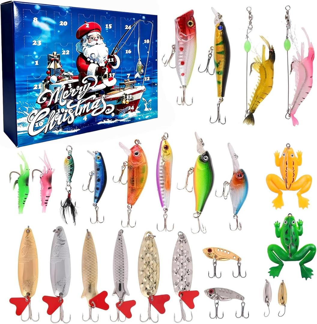 Fishing Lure Advent Calendar 2025, 24pcs Fishing Tackle Kit Advent Calendars for Boys, 24 Days Christmas Countdown Gifts for Teens, Adults, Girls, Dad