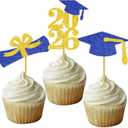Graduation Cupcake Toppers Grad Party Decoration Food Picks Congrats Glitter Diploma Cap School Colors Supplies 24 PCS Blue Gold