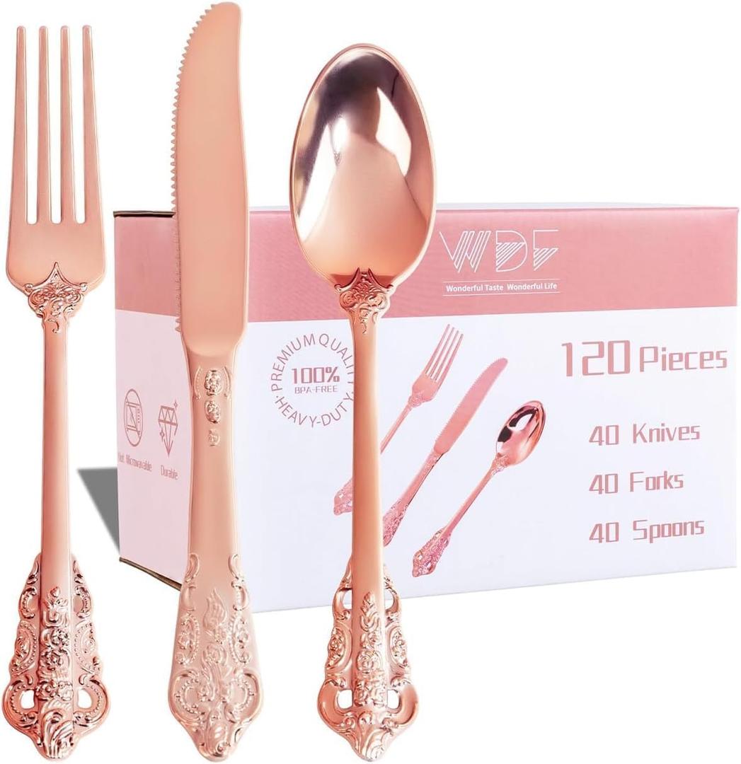 WDF 120Pieces Rose Gold Plastic Silverware - Heavy Duty Rose Gold Plastic Cutlery Set - Disposable Utensils - Flatware Includes 40 Forks, 40 Spoons, 40 Knives for Wedding Party Birthday
