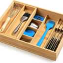 HULISEN Double Layer Bamboo Utensil Drawer Organizer, 2 Tier Silverware Cutlery Drawer Organizer with Sliding Top & Removable Knife Holder, Deep 8-Slot Kitchen Drawer Organizer