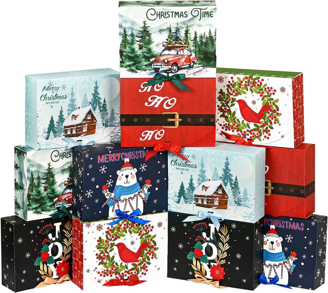 WLUSEAXI 12Pack Christmas Gift Boxes with Lids, 10.67.83.1 Inch Large Christmas Boxes for Presents, 6 Style Xmas Themed Pattern Holiday Boxes for Gifts, Xmas Party Favor (Blue)
