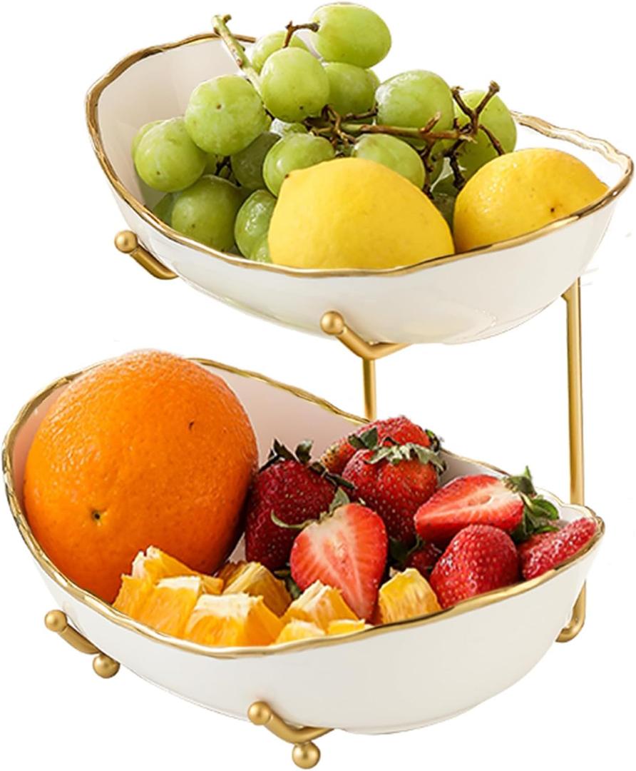 2 Tier Ceramic Fruit Bowl for Kitchen Counter, Tiered Fruit Basket for Countertop, Modern Multi Layer Fruit Display Stand for Party, Cute (Gold-rimmed, Small)