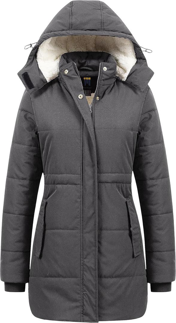 CREATMO US Women's Thicken Sherpa Winter Coat Puffy Warm Snow Jacket With Removable Hood (Dark Grey)