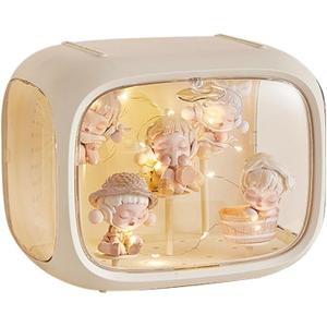 Display case for Figures with Light Adjustable Display Stand Clear Acrylic Display Box with Door Dust and Moisture Proof Suitable for Lego Collectibles Action Figures Pop Mart (Cream)