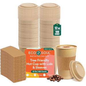 ECO SOUL 12 Oz Disposable Paper Coffee Cups with Lids & Sleeves (100 Pack), 16 Ounces