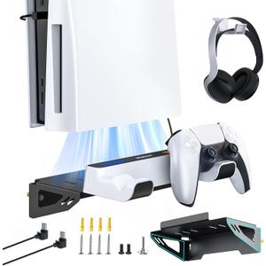 NexiGo Wall Mount Kit with Charging Station for PS5 and PS5 Slim/Pro Versions, Dual Controller Chargers, Steel Wall Stand, and Headphone Hanger - Compatible with PlayStation 5 (Disc & Digital)