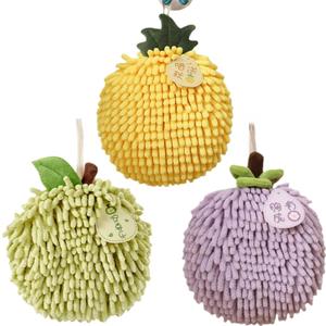Fuzzy Chenille Hand Towel Ball,Hanging Hand Towels for Bathroom,Kitchen Hand Towels with Hanging Loops,Quick Dry,Set of 3(Green Yellow Purple)