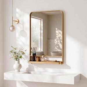 Novabright 28x18 Inch Bathroom Mirror with Shelf, Gold Metal Frame, 2 in 1