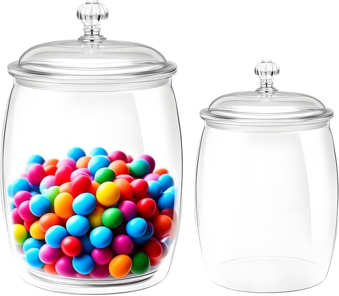 Candy and Cookie Jar 2pcs/130oz Plastic Jars with Lids Decorative Clear Airtight Food Storage Canister for Cookie, Dog Treats, Pet Food, Candy