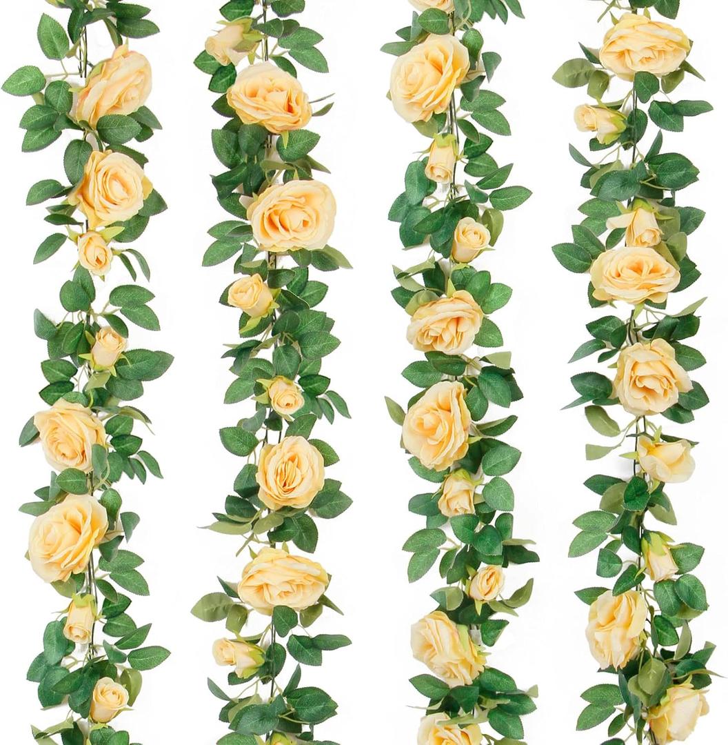 TELDRASSIL 4Pcs(26 FT) Artificial Rose Vine Fake Flower Garland Fake Silk Rose Hanging Vine for Wedding Party Background Arch Garden Background Decoration (Champagne)
