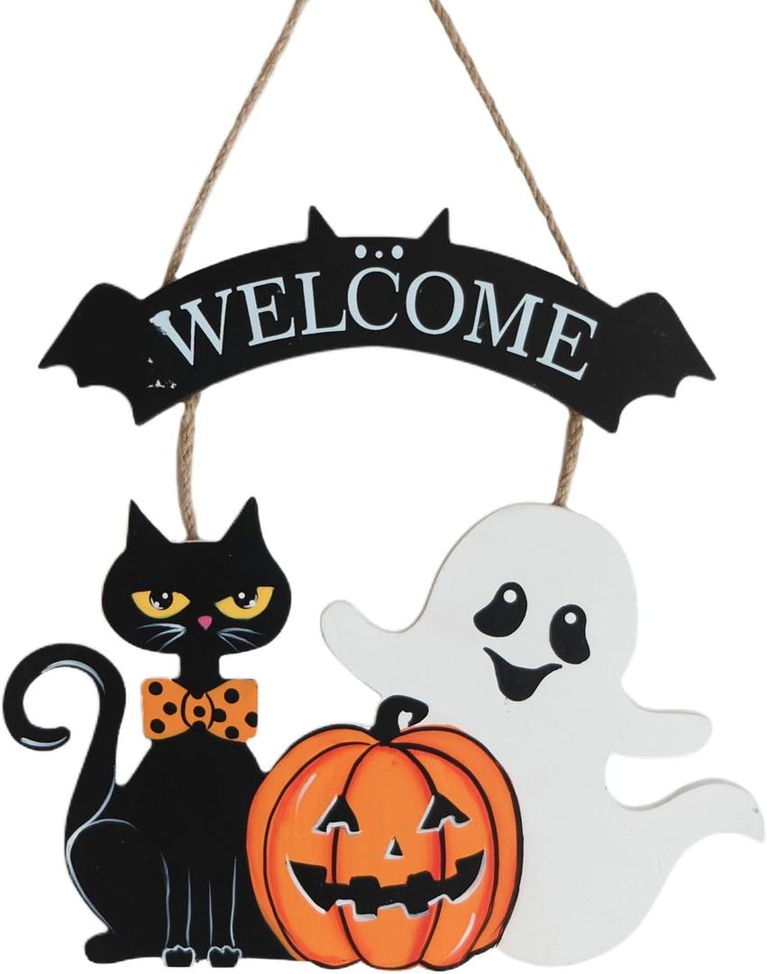 Halloween Wooden Welcome Sign for Front Door, Halloween Black Cat Ghost and Jack Pumpkin Hanging Welcome Sign for Indoor Outdoor, Wooden Sign for Wreath Doors Walls