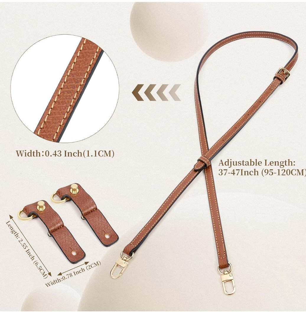 SENTEN Purse Straps Replacement for Longchamp, Leather Handbag Crossbody Shoulder Strap Kit Adjustable for Longchamp Le-pliage Bag Women (Brown Gold)