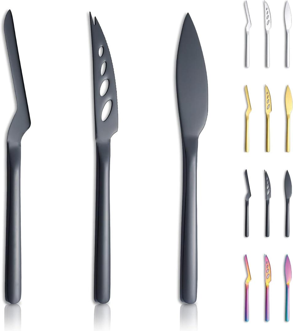 2 x Kyraton Black Cheese Knife Set of 3, Ergonomic Design Titanium Black Plated Cheese Slicer, Butter Knife Spreader, Cheese Cutter, Cheese Knives for All Type of Cheese