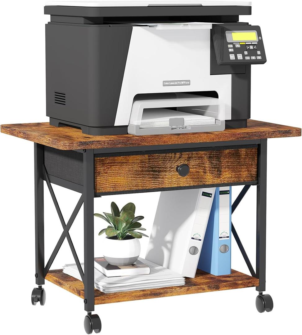EasyCom 23.6" x 15.7" Under Desk Printer Stand with Storage Drawer, 2-Tier Shelf Desktop Printer Table for Desk with Wheels, Large Rolling Cart for Home Office Fits 3D Printer Scanner Rustic Brown