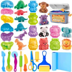 Dough Play Tools Sets for Kids, 22pcs Clay and Dough Accessories for Toddlers with Storage Box, Silicone Mat, Rolling Pins, Safety Scissors, Mini Knife,3D Dino & Animal Molds, Gift for Boys Girls