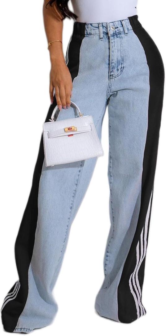 Angsuttc Womens Jeans with Patchwork Stripes High Waisted Stretchy Denim Color Block Straight Wide Leg Trendy Jean (XX-Large, Light Blue Black)