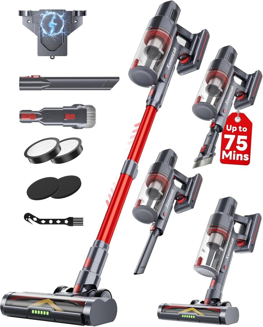Cordless Vacuum Cleaner, 75Mins/55KPa/650W Self-Standing Vacuum Cleaners for Home, with Anti-Static&Anti-Tangle Brush, LED Touch Screen, Stick Vacuum for Carpets, Pet Hair, Hardwood Floors